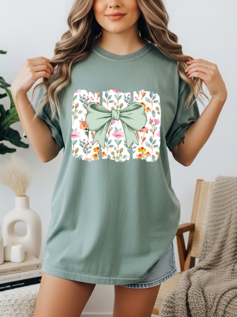 Comfort Colors Sage Green Short Sleeve Tee with Floral Bow Graphic